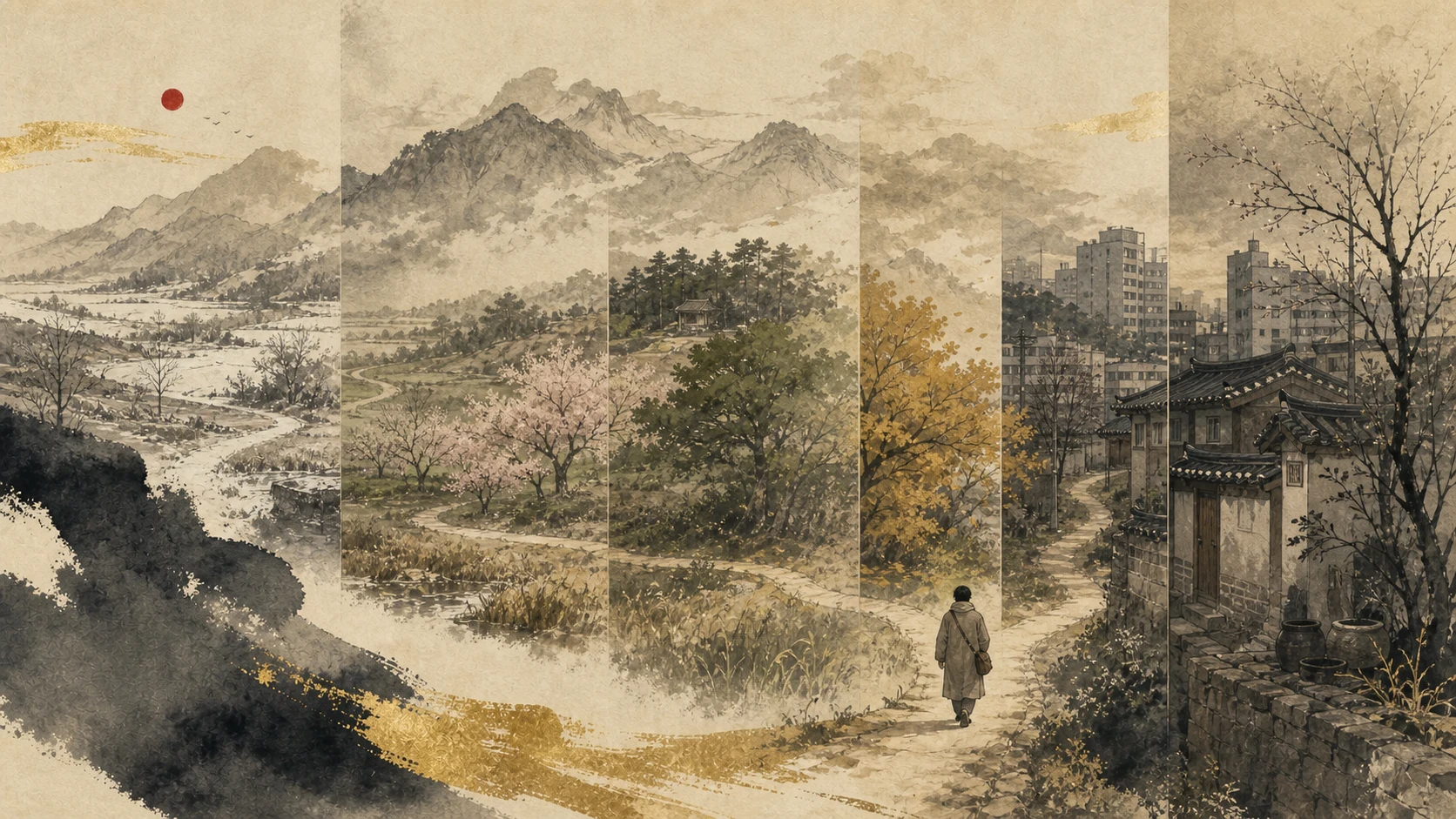 A traveler following one path through layered Korean landscapes and changing seasons