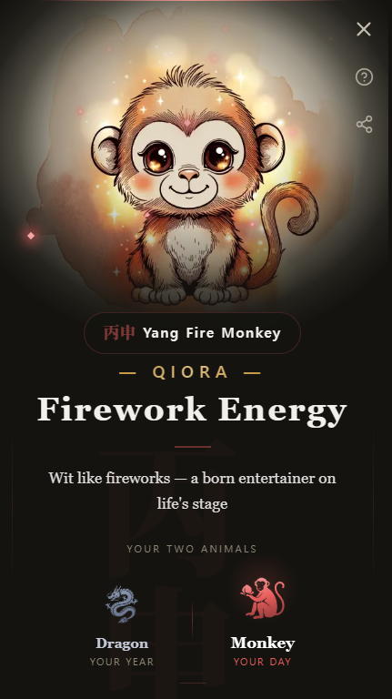 Qiora animal card showing Dragon for the year and Monkey for the day